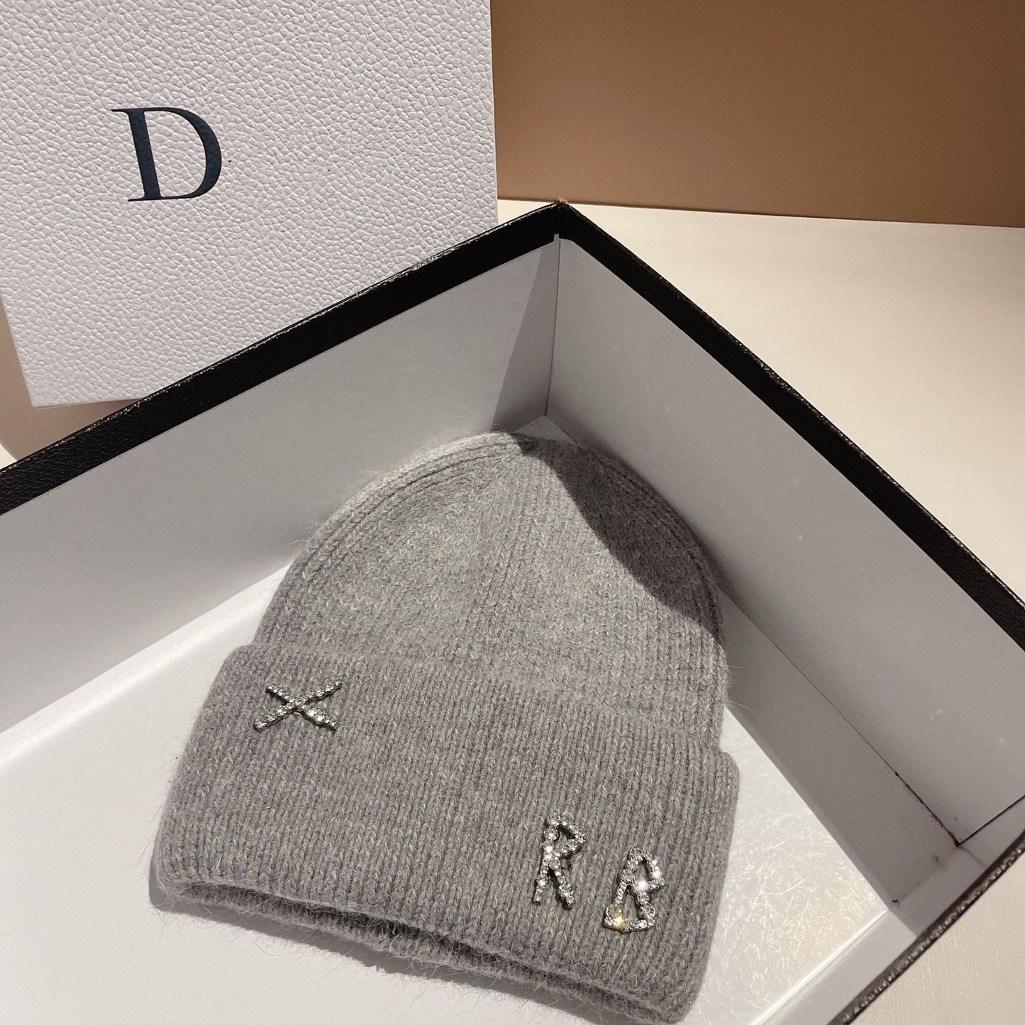 Winter RB Letter Fashion Rabbit Fur Knitted Warm Hat Female