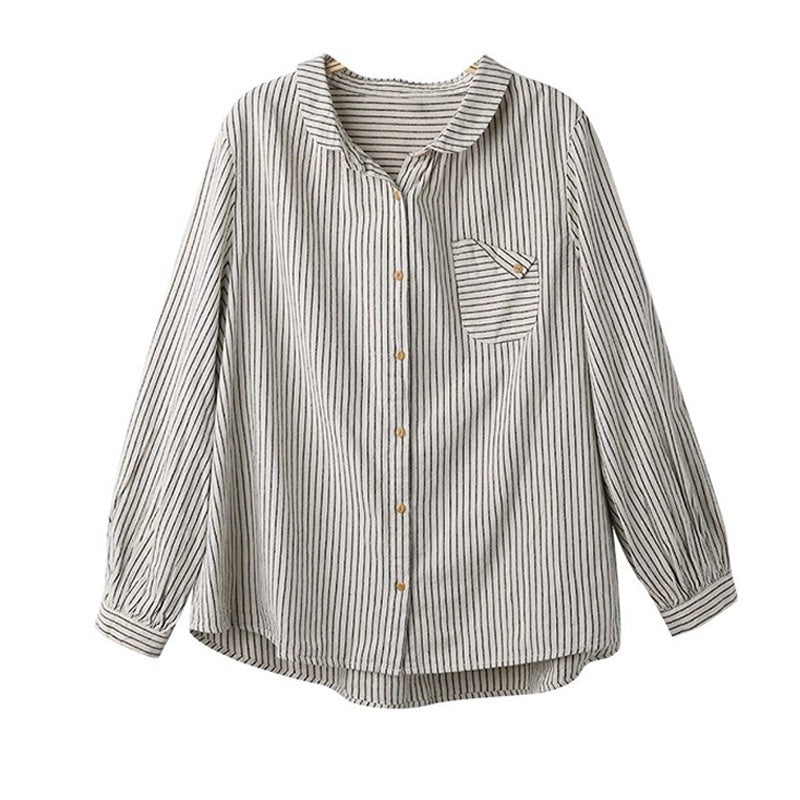 Retro Cotton Linen Long Sleeve Blouse Striped Brushed Original Art