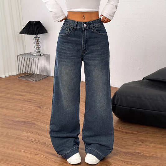 Retro amerikansk-stil damejeans med lange, brede ben og løs pasform i denim