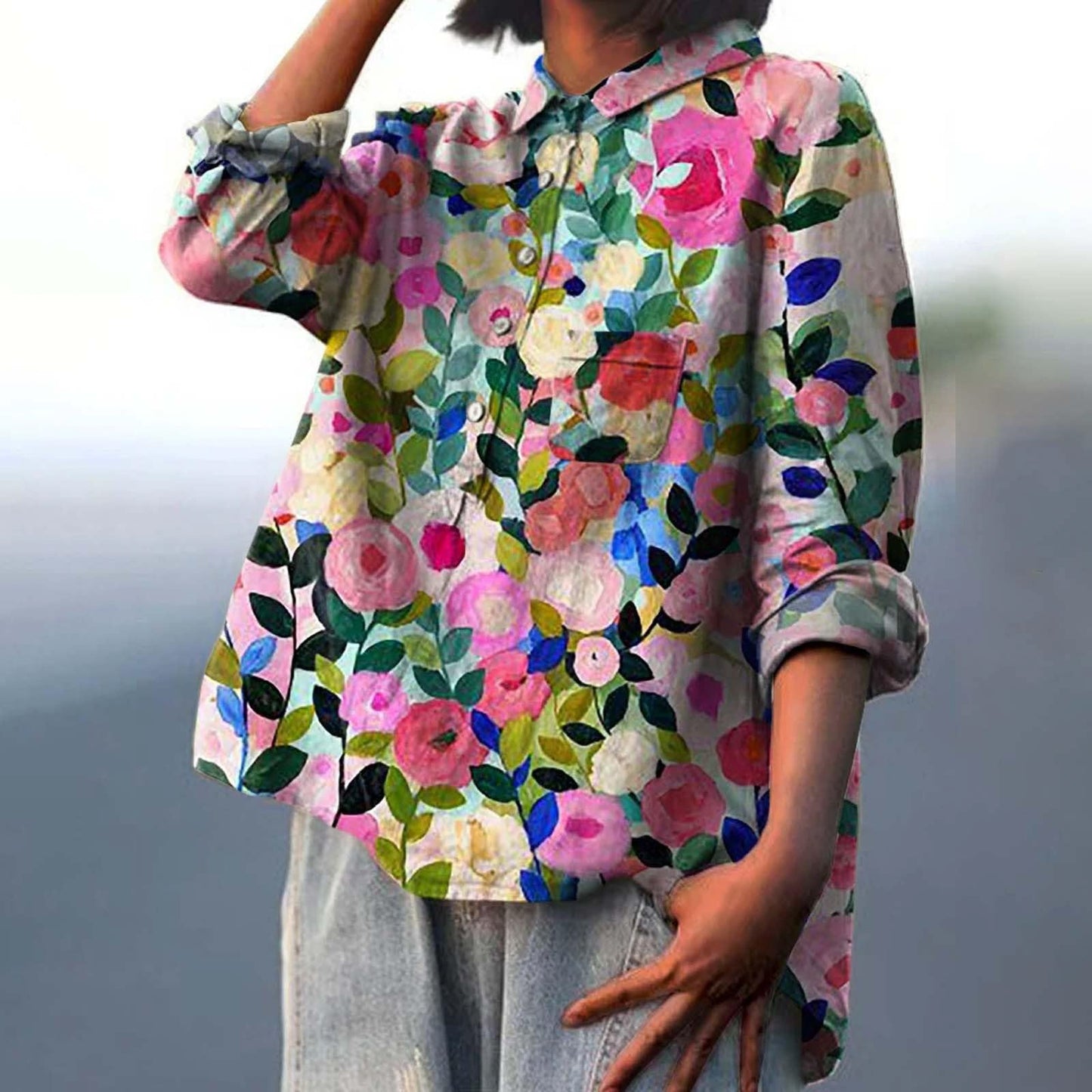 Arrival Long Sleeve Chinese Style Slub Linen Lapel Print Fashionable All-match Pocket Lining