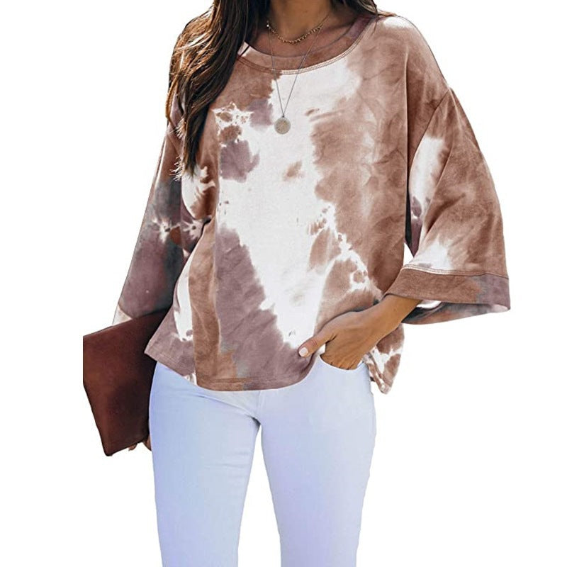 Arrival Long-Sleeve Loose Tie-Dye Gradient-Color Printed T-Shirt