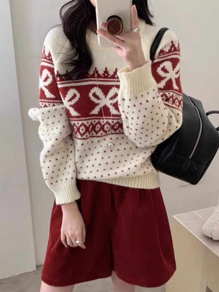 Women's Korean-style Vintage Jacquard Round Neck Sweater With Bow