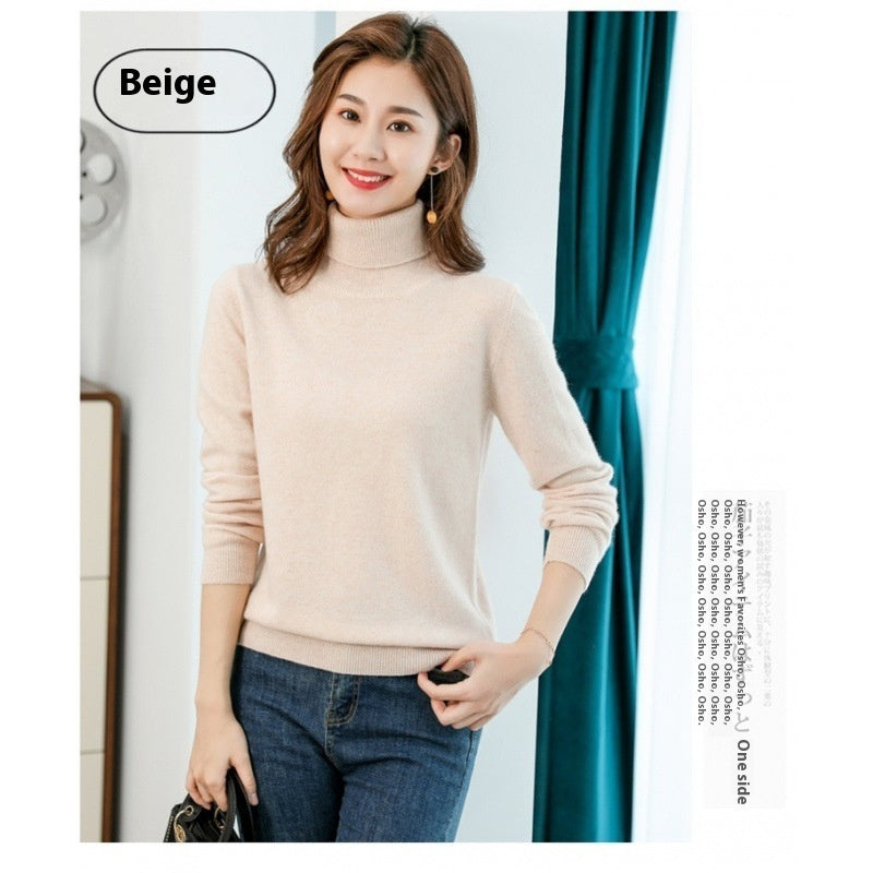 Pure Wool Sweater Women's Turtleneck Pullover Solid Color Loose Short