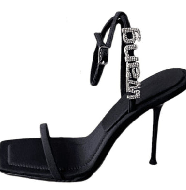 Women's New Summer Rhinestone Letters Square Toe Stiletto Heels