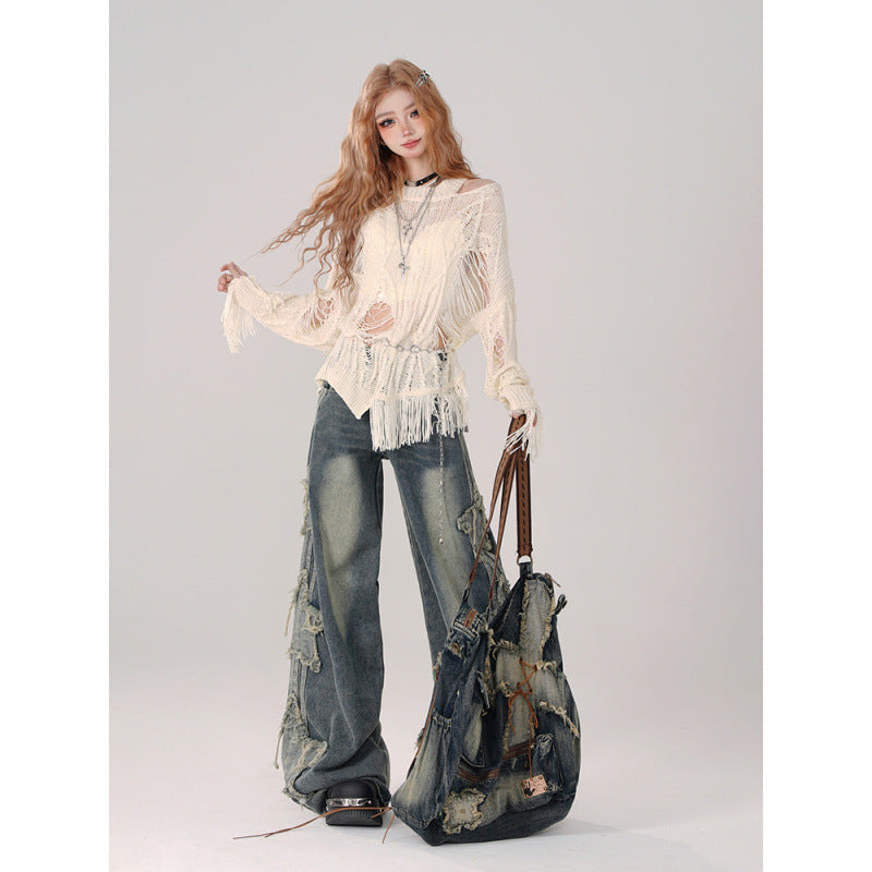 New Relaxed-fit Distressed Openwork Knit Sweater