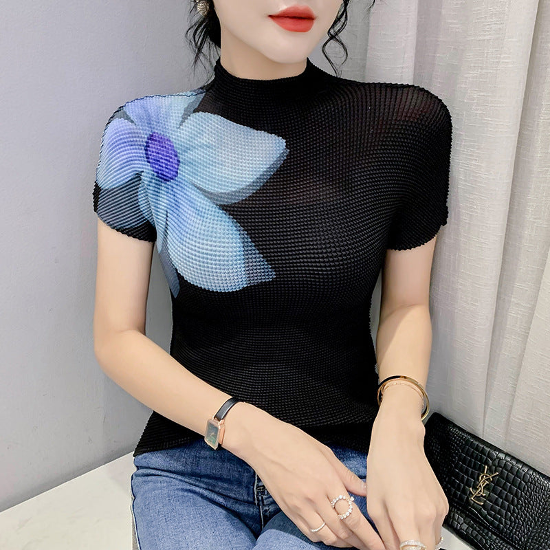 Printed Summer Fashion Large Flower Slimming Short-sleeved T-shirt 3D