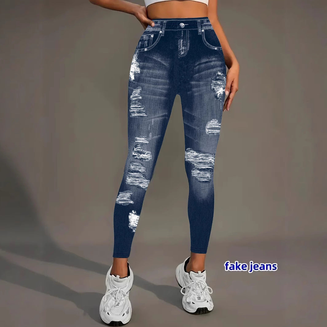Womens Denim-Look Leggings With Digital Print