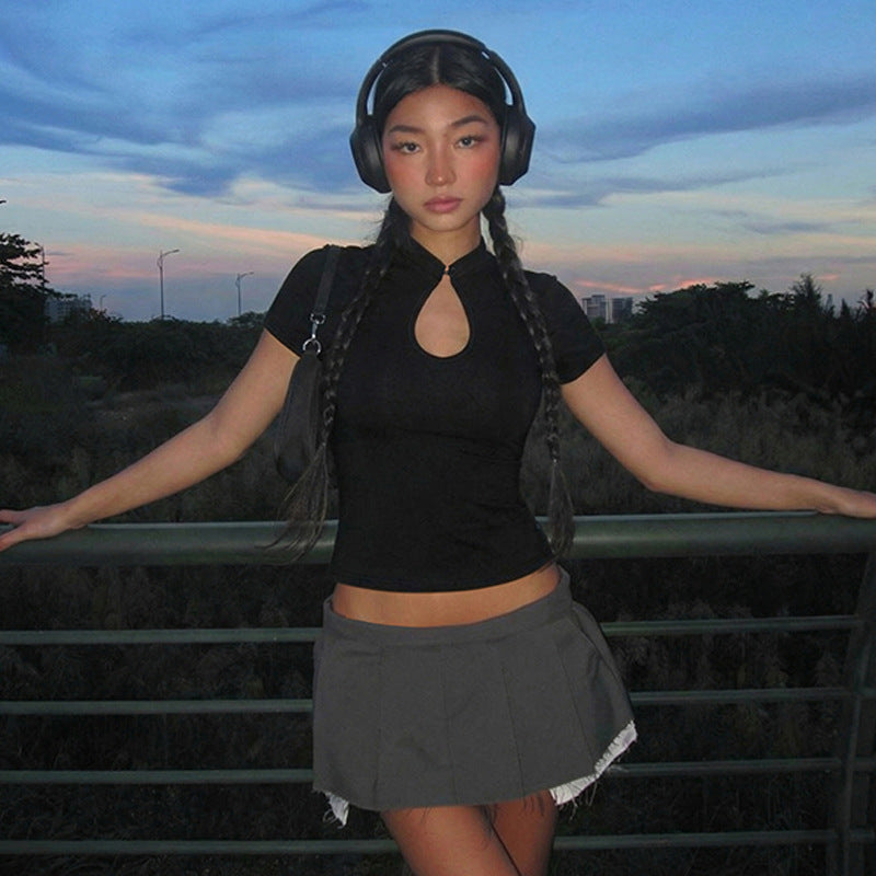 New Fashion Sexy Hollow-out Chest Design With Frog Buttons Solid-color Short Sleeves