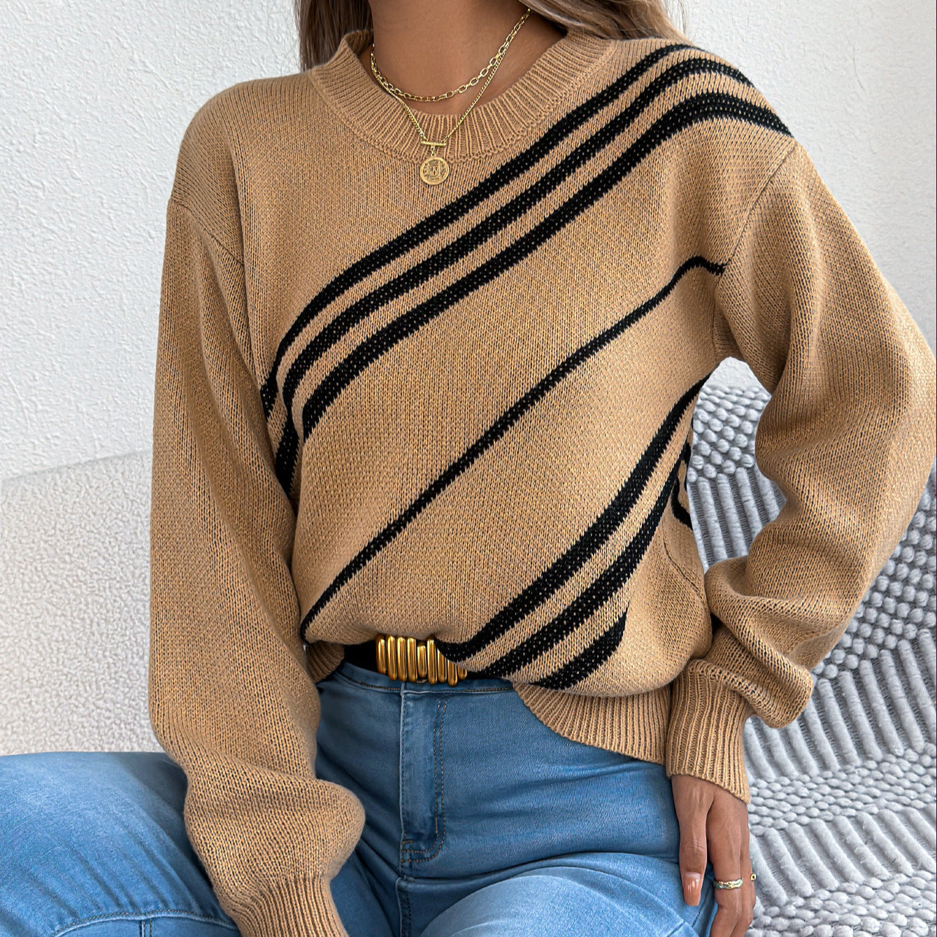 Women's Casual Striped Round Neck Lantern Long Sleeve Pullover Sweater