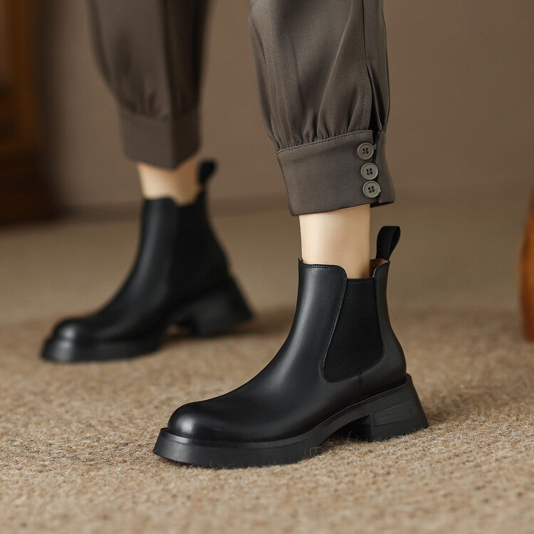 Thick Medium Heel Simple Round Toe Boots
