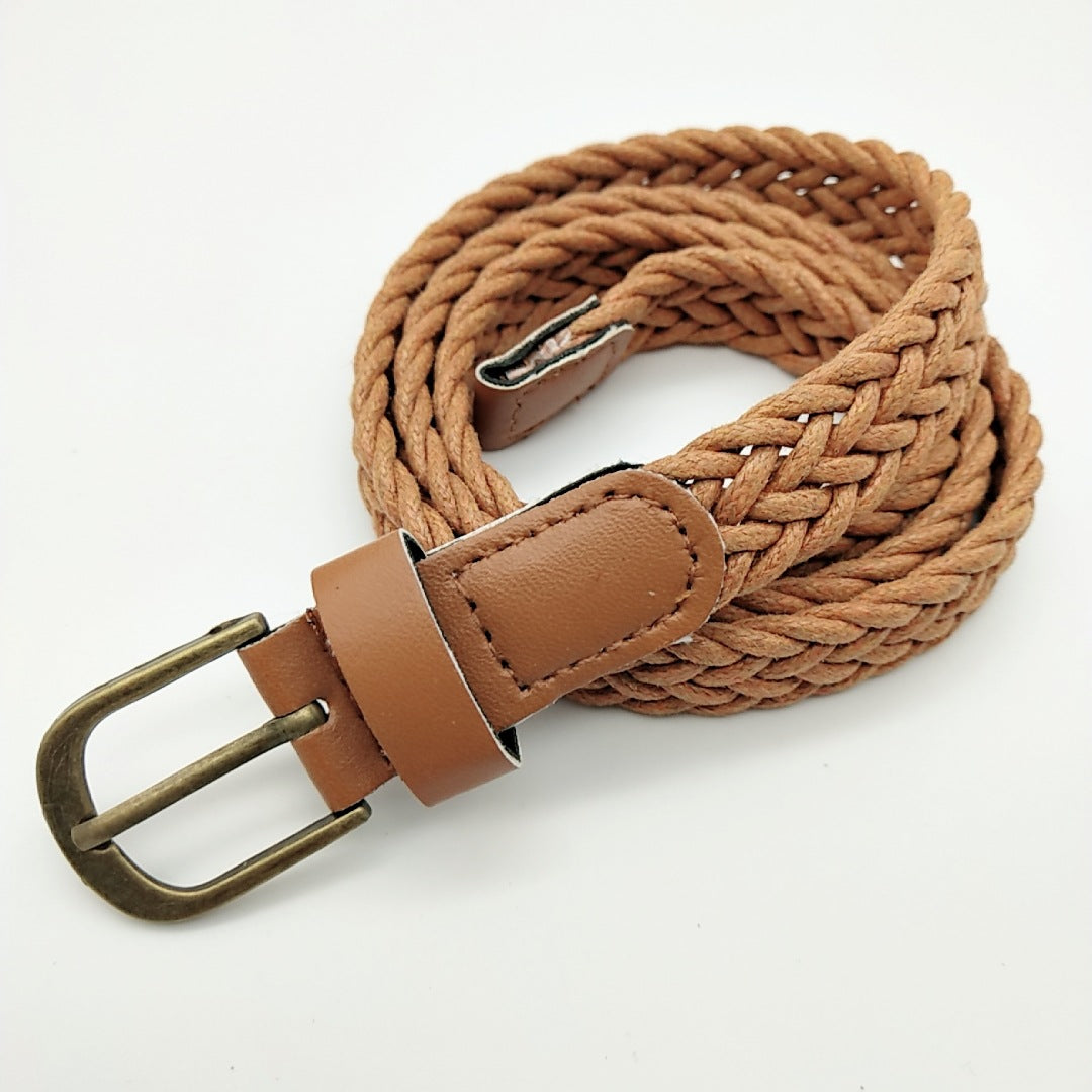 Retro Style Wax Rope Clothing Woven Belt Pu Bronze Alloy Pin Buckle Fashion Machine Woven Women's Belt