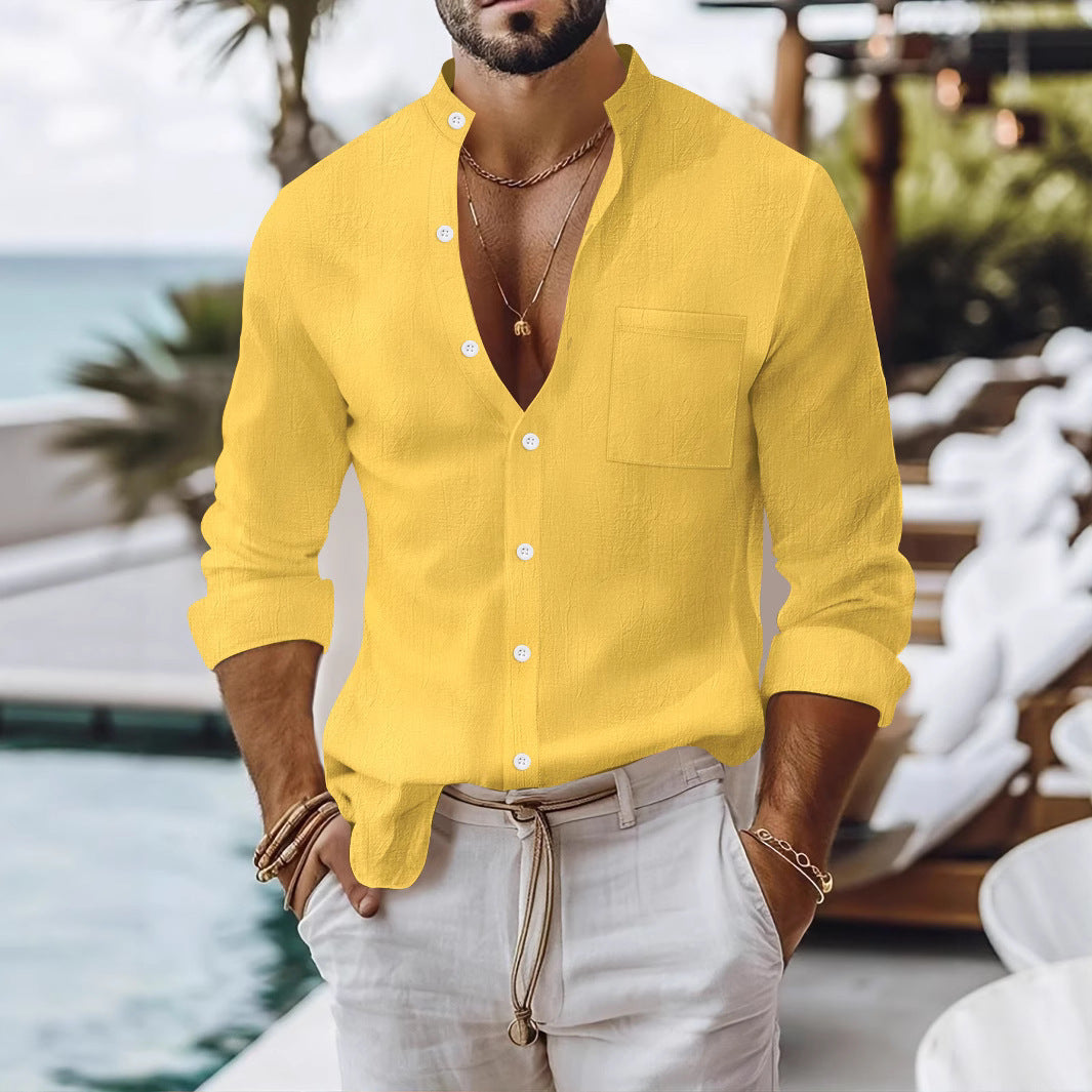 Solid-color Cotton-linen Shirt, Mandarin-collar Cardigan, Long-sleeve Business-casual Shirt