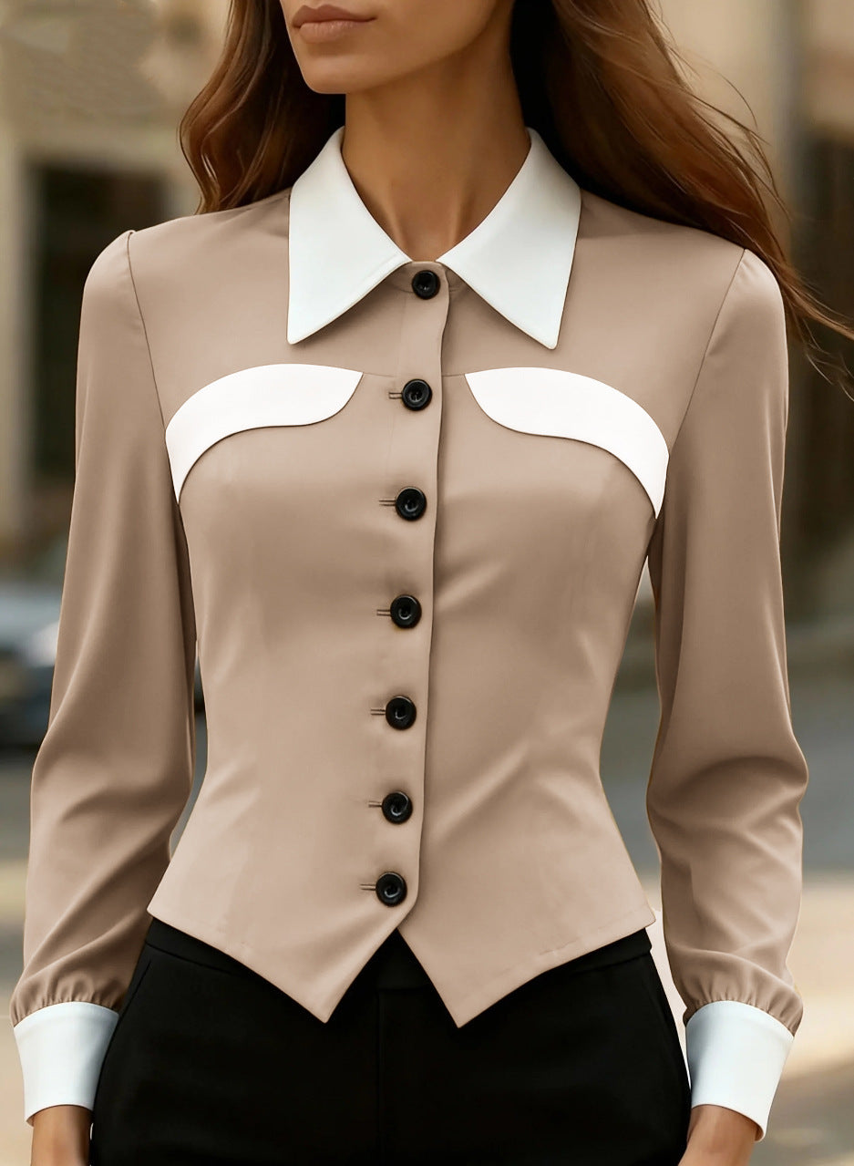 Independent Website Women's Color-block Slim-fit Versatile Slimming Long-sleeved Shirt