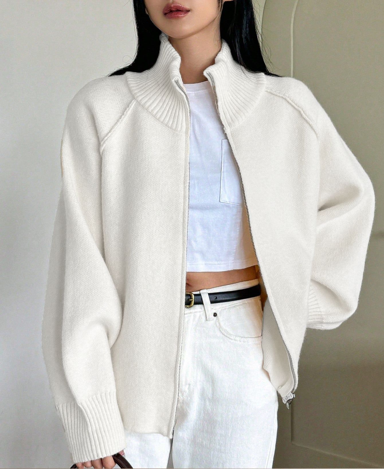 Solid Color Stand Collar Zipper Knitted Cardigan Top