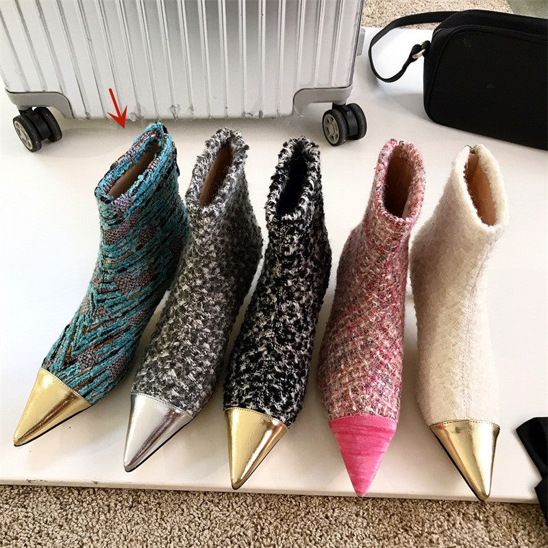 Fashion Wind Felt Material Pointy Color Combination Small Fragrance Wind Ankle Boots Female