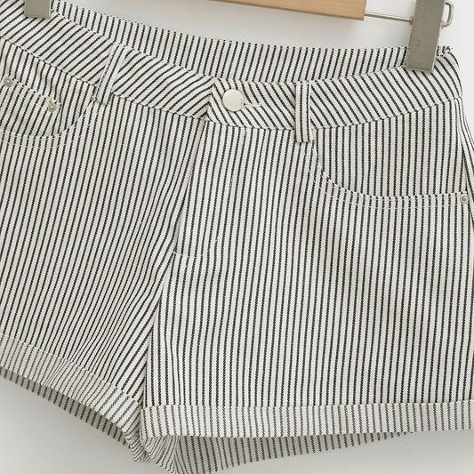 Womens Black And White Striped A-Line Casual Denim Shorts