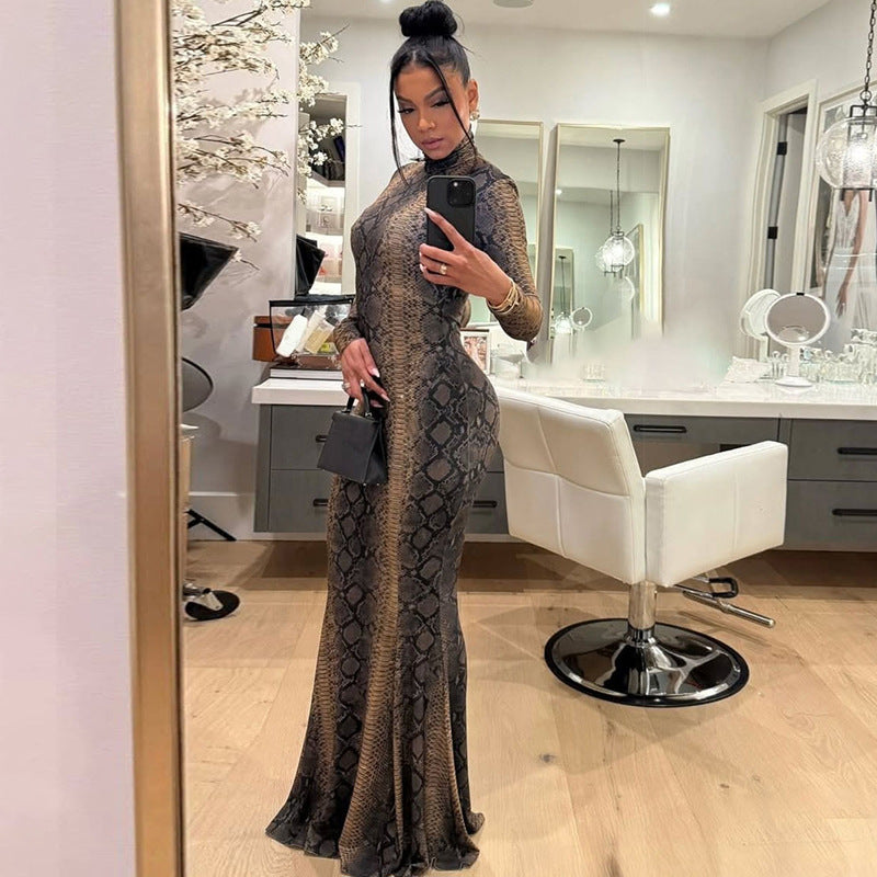 Womens Fashion Street-Style Printed Turtleneck Long-Sleeve Dress