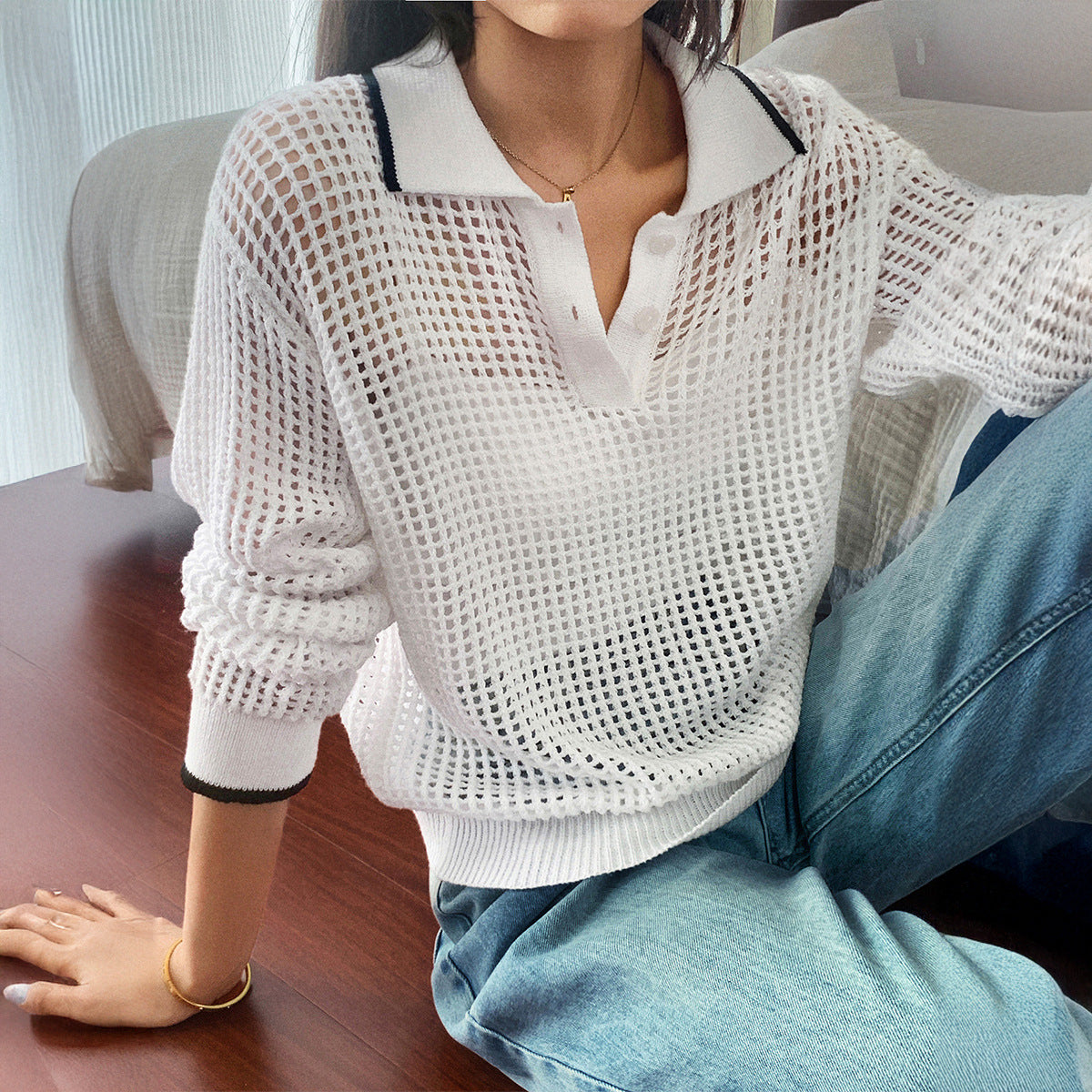Women's Hollow-out Long-sleeved T-shirt Autumn And Winter Top