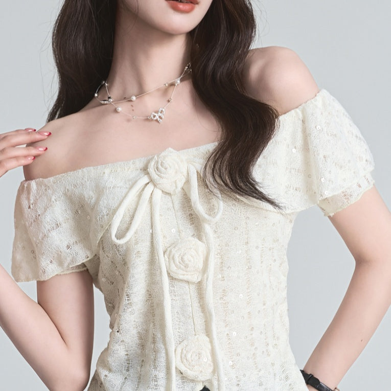 French Style Three-dimensional Flower Strap Short Sleeve