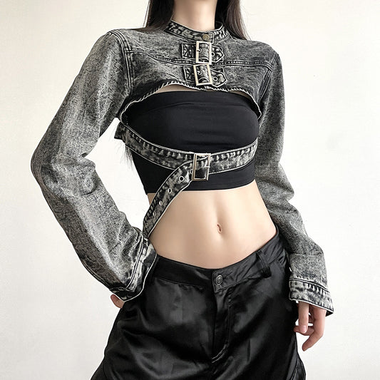 Street Vintage Washed Japanese Buckle Ribbon Denim Blouse Handsome Hot Girl Slim Fit Belt Short Coat