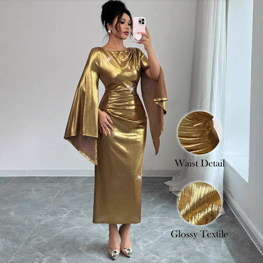 American-style Gold Foil Round Neck Slim-fit Long Dress