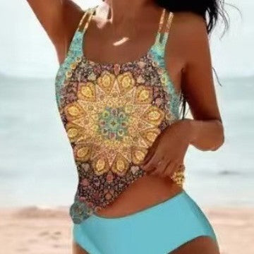 Women's Casual Retro Print High-waist Bikini Set