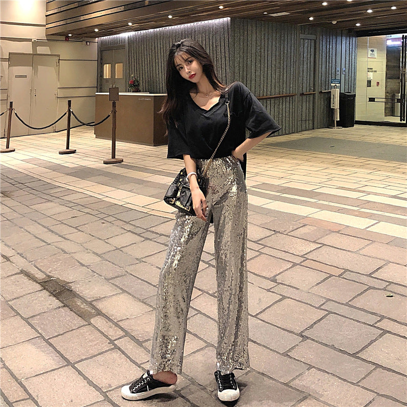 Heavy Industry Sequins High Waist Straight Trousers Women's Trousers