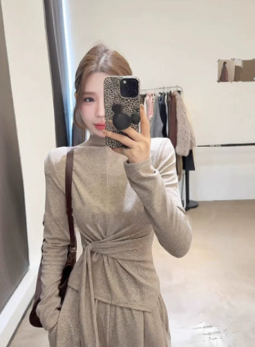 Design-inspired Strap-wrapped Fitted Long-sleeved Top With Wide-leg Pants Set