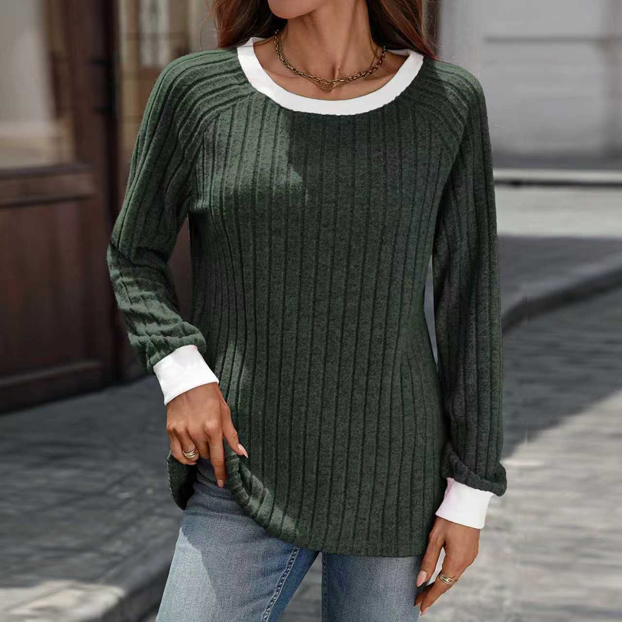 European And American Autumn And Winter Round Neck Contrast Color Long Sleeves Sunken Stripe T-shirt