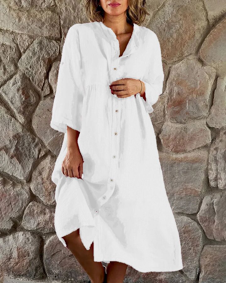 Casual Standing Collar Button Long Dress