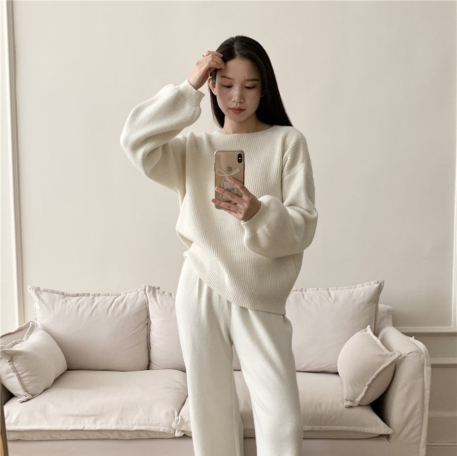 Knitted Sweater Suit Women's Loose Crew Neck Top Wide-leg Pants