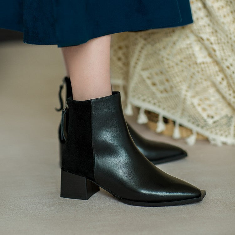 Stitched Pointed Back Zipper Mid-block Heel Ankle Boots