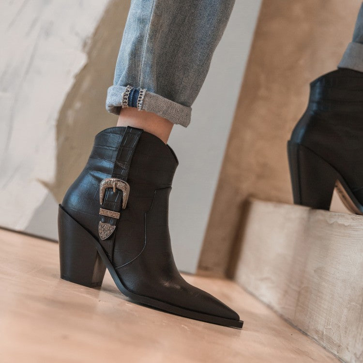 Thick Heel High-heeled Ankle Boots With Pointed Metal Belt Buckle