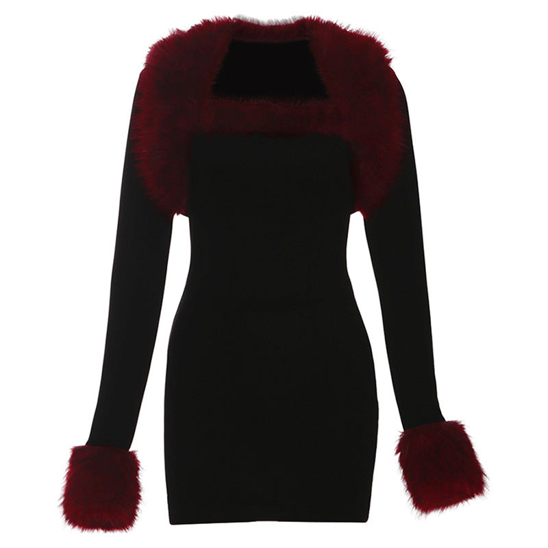 Women's Plush Patchwork Long-Sleeve Sheath Dress Set