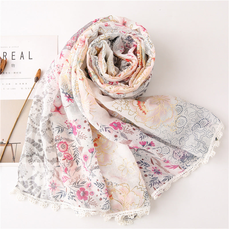 Women's Thin Cotton Feel Floral Lace Scarf