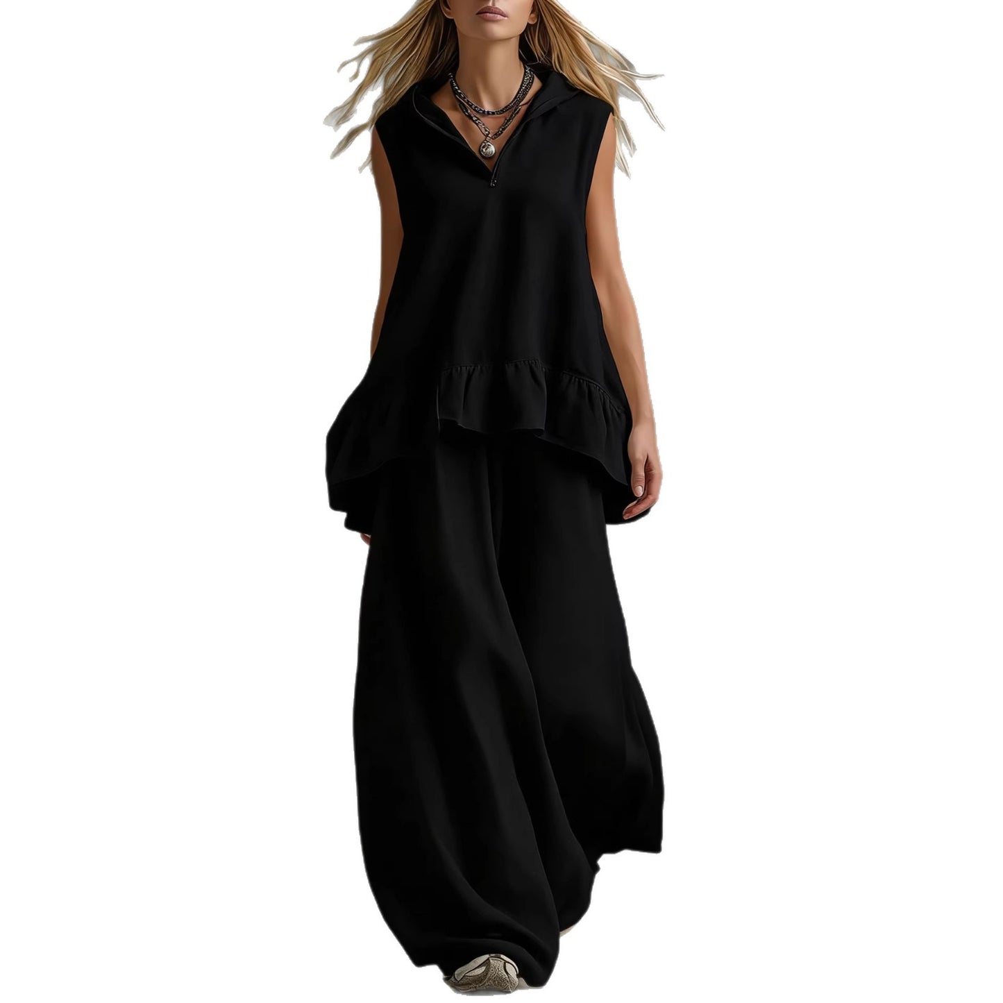 Casual Sleeveless Top And Fashionable Wide-Leg Pants Two-Piece Set