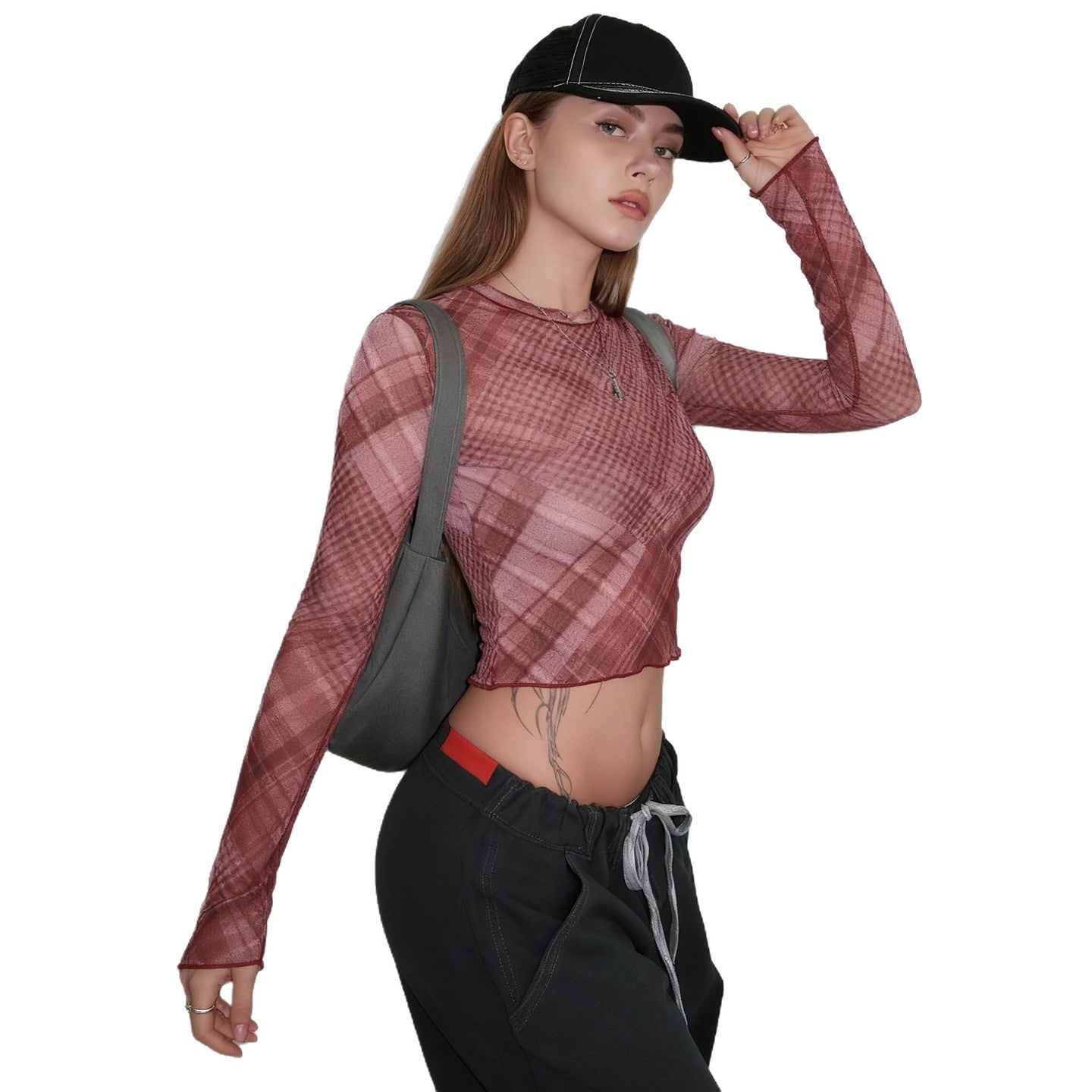 Contrast Color Check Mesh Outerwear Lightweight See-through Sexy Top