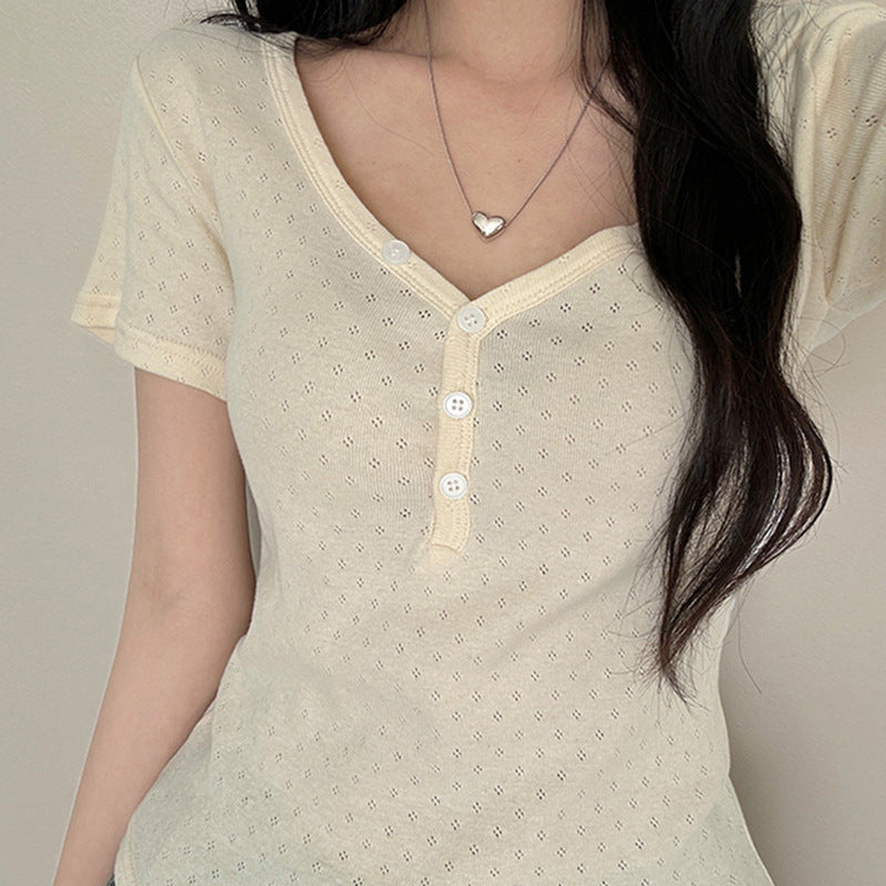 Texture Sense V-neck Double-breasted Short Sleeve Slim Fit Slimming T-shirt Women's Summer