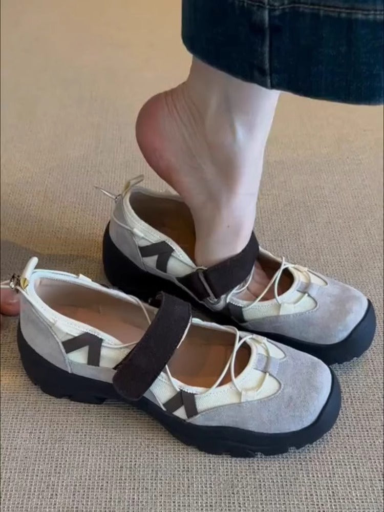 Womens Vintage Leather Thick-Soled Low-Top Velcro Mary Jane Shoes