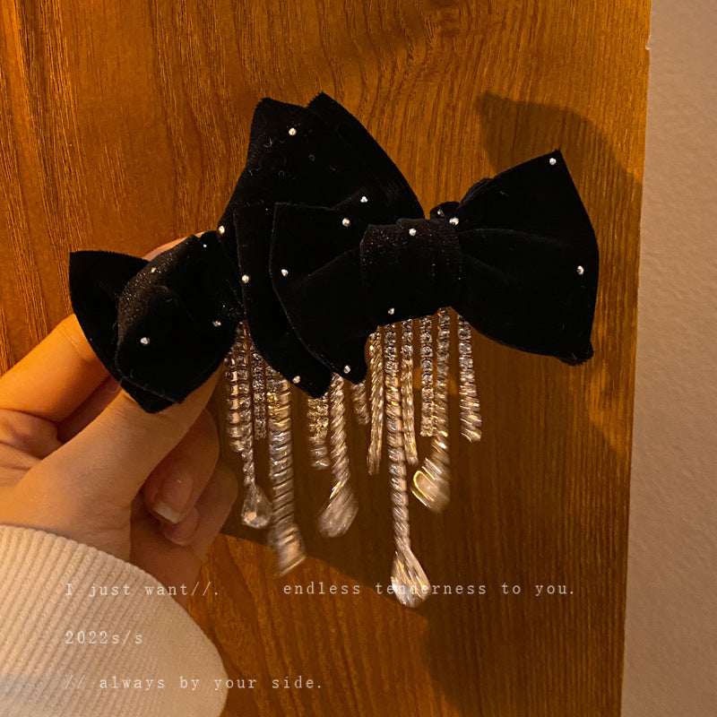 Red Bow Encrusted Tassel Hairpin Back Head Spring Top Clip