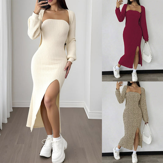 Hollowed-out Tube Top Sheath Dress With A Slit And Cardigan Jacket Set
