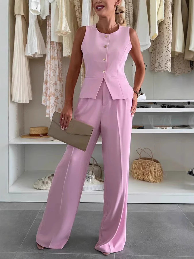 Elegant Commuter Suit V-neck Buttons Decorative Vest Trousers