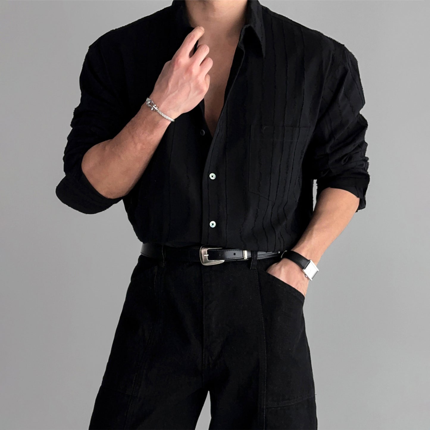 New High-end Textured Wide Solid Color Thin Pocket Long Sleeve Shirt