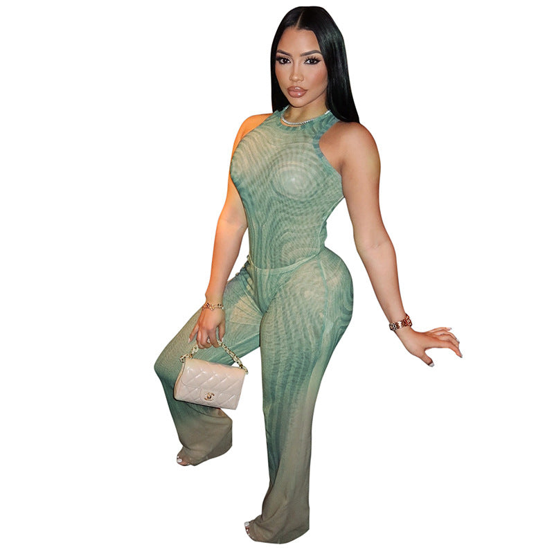 Bodycon Romper With A Geometric Print Round Neck And Sleeveless Design