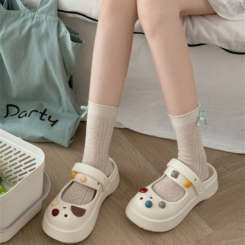 Thin Mesh Solid Color Bow Mid-calf Length Loose Socks Breathable Sweat Absorbing