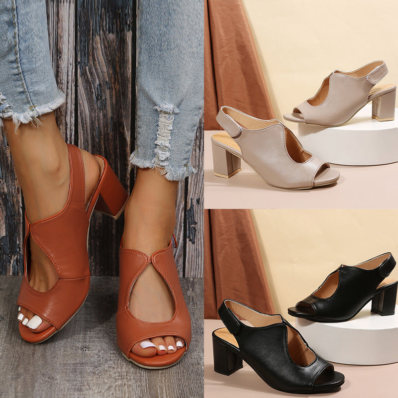 Leather Shoes Deep Cut Middle Heel Hollow Out Sandals Women's Shoes