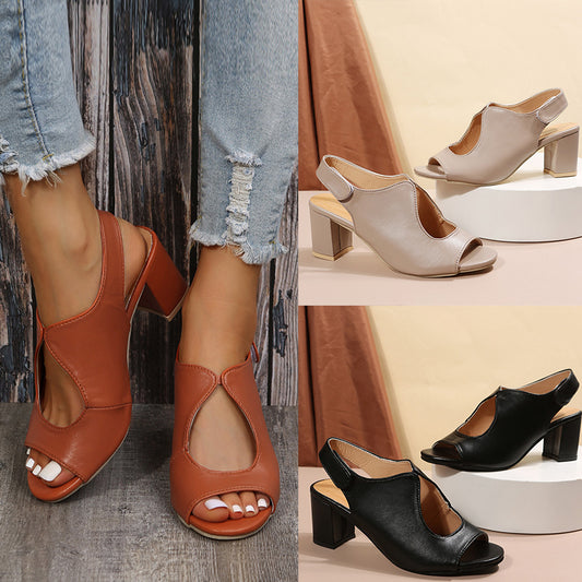 Leather Shoes Deep Cut Middle Heel Hollow Out Sandals Women's Shoes
