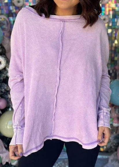 Women's Washed Waffle Back-stitched Long-sleeved Top