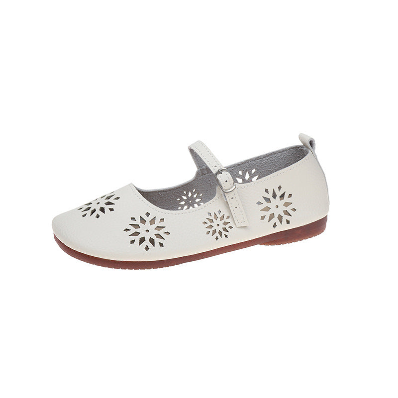 Hole Shoes Buckle Hollowed Leisure Flat Outerwear Retro Soft Leather