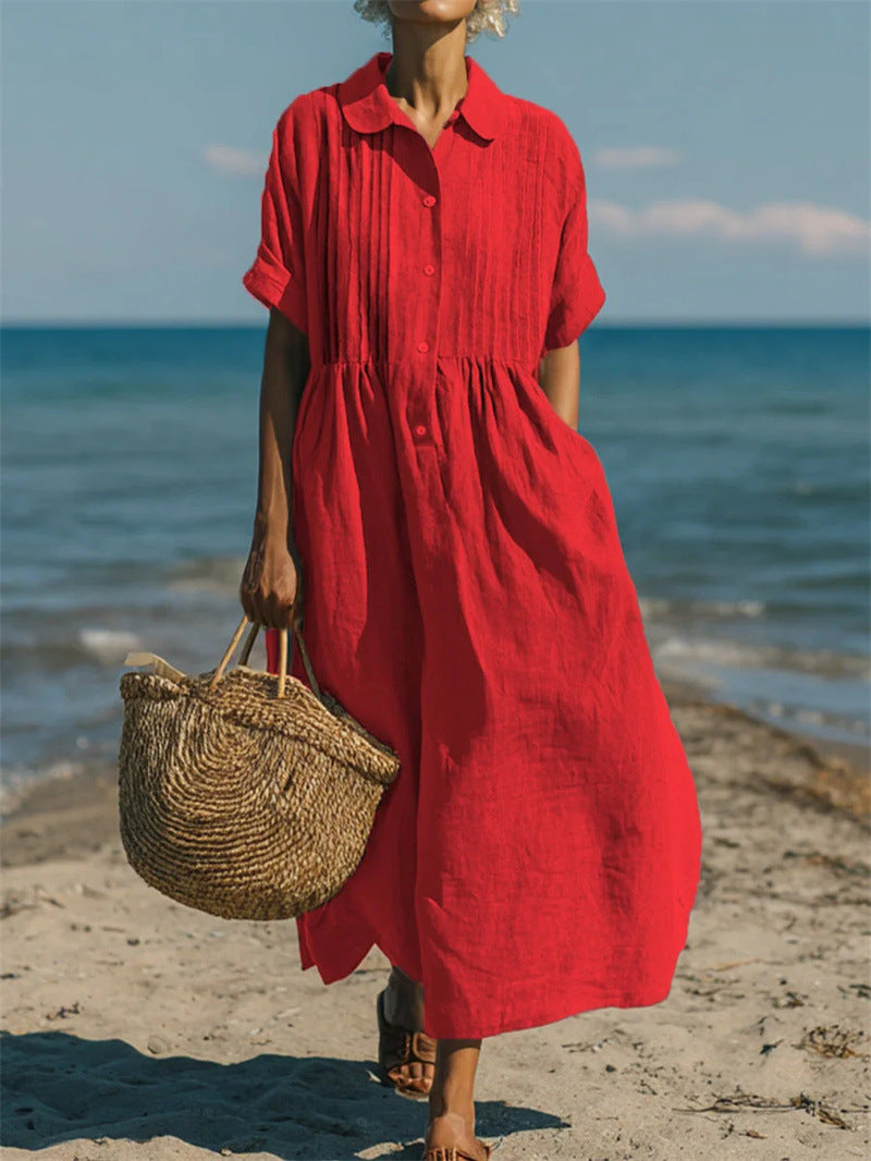 Notch-collar Button-front Pleated Short-sleeve Cotton-linen Dress